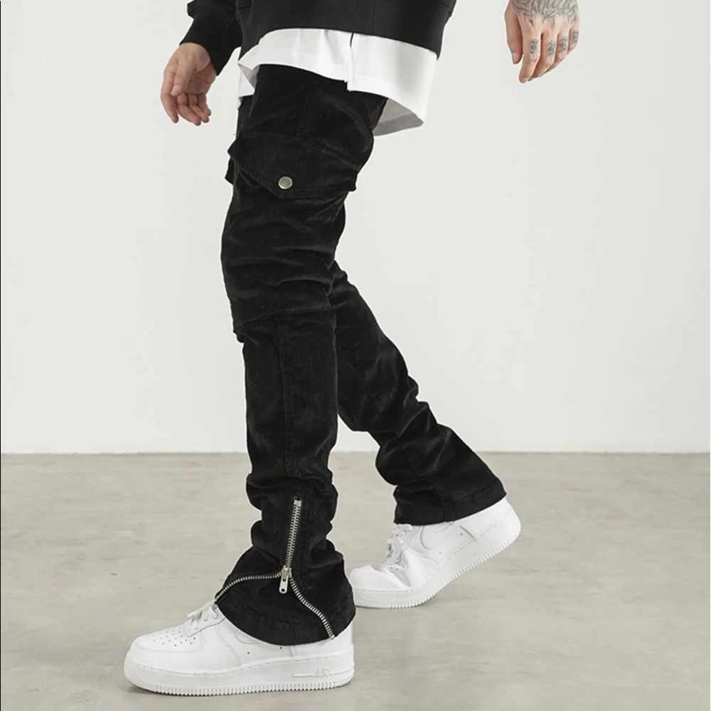 Zip Flare Leg Cargo Corduroy Pants